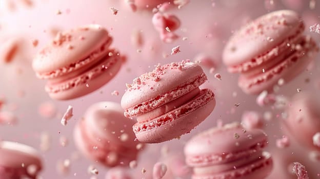 Pink macarons are flying on a pink background.