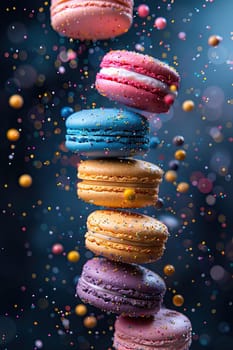 Vertical background with a stack of delicious multi-colored macaroons.