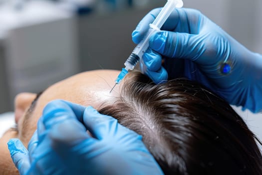 Hair regeneration, Plasma injection into the hair on a woman 's head .a cosmetologist makes plasma injections into the scalp.