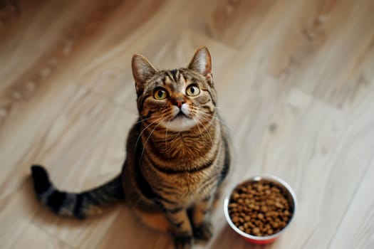 A cat sitting on floor looking up a bowl of cat food..