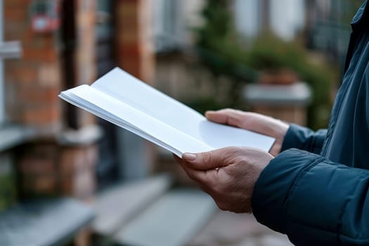 Hand holding white blank book for mockup isolated city background..