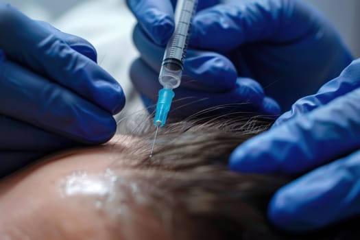 Hair regeneration, Plasma injection into the hair on a woman 's head .a cosmetologist makes plasma injections into the scalp.