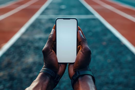 Blank screen of a mobile phone in the hands of a black man on a treadmill.