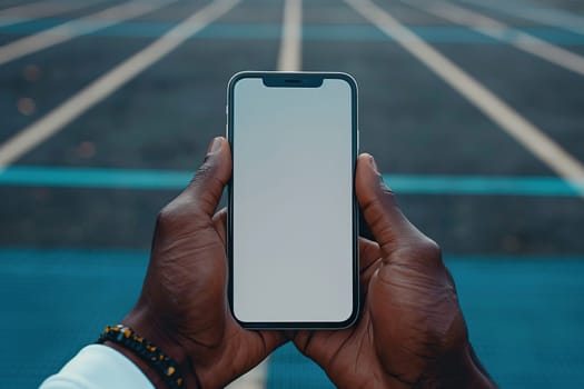 Close-up of a smartphone with a blank white screen in the hands of a black man.
