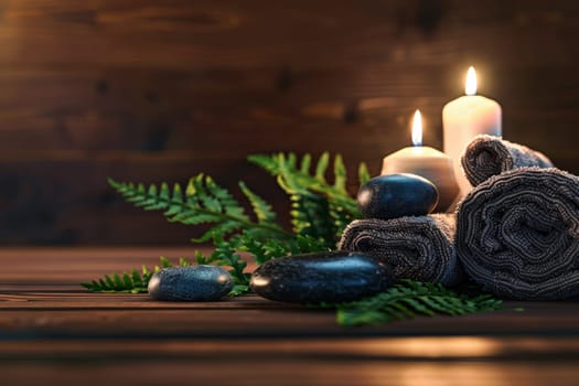 Candles and black hot stone on wooden background. Hot stone massage setting lit by candles.