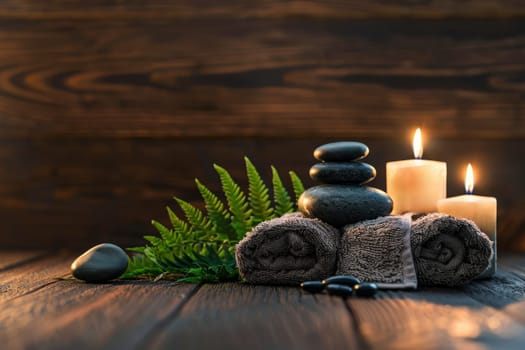 Candles and black hot stone on wooden background. Hot stone massage setting lit by candles.