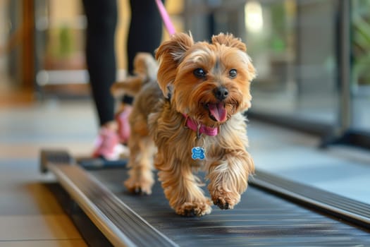 A small dog is running on a treadmill. The dog is wearing a pink collar and he is enjoying the exercise