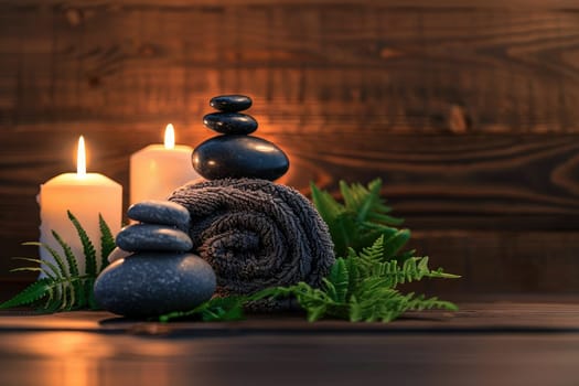 Candles and black hot stone on wooden background. Hot stone massage setting lit by candles.