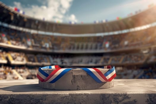 A podium mockup for gold Olympic medal and laurel wreaths on open stadium.