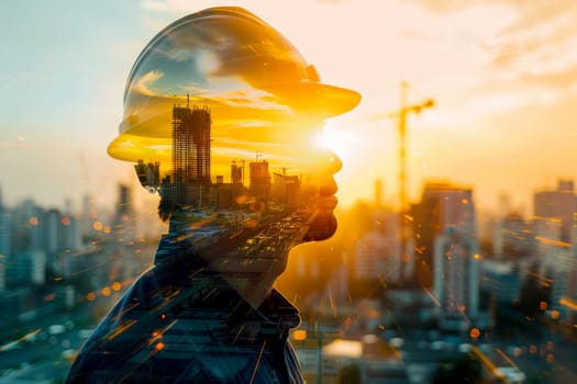 Double exposure of engineer in safety helmet with construction building..