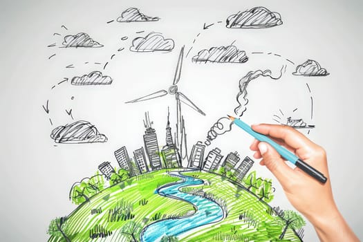 a hand sketched energy Sustainable energy process. Green energy production..