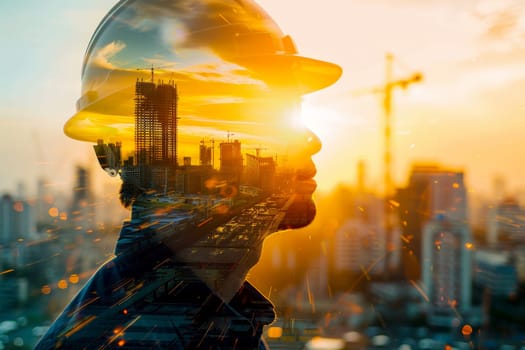 Double exposure of engineer in safety helmet with construction building..