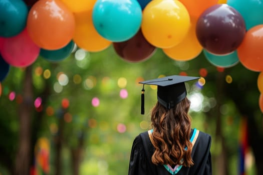 Graduated woman wearing academic graduation gown and hat with balloon background.