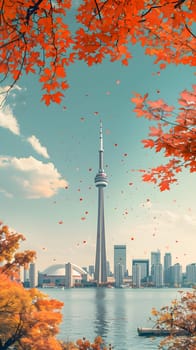 The CN Tower dominates the city skyline, surrounded by skyscrapers reaching towards the sky. A serene view of water, plants, and nature in the bustling urban world