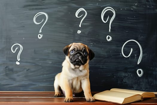 a pug dog sitting with question marks on black board.