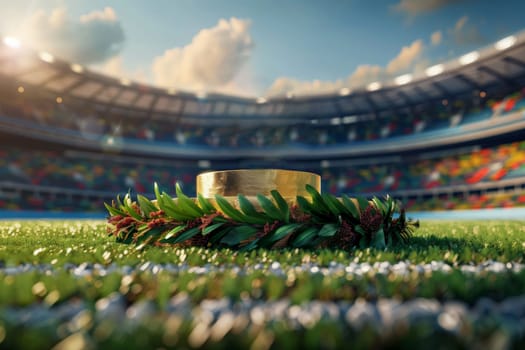 A podium mockup for gold Olympic medal and laurel wreaths on open stadium.