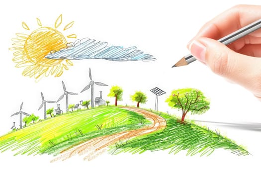 a hand sketched energy Sustainable energy process. Green energy production..