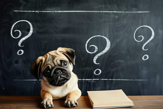 a pug dog sitting with question marks on black board.