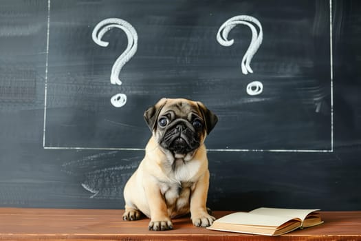 a pug dog sitting with question marks on black board.