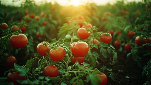 Fresh tomato in the field and plantation under the sun light morning..