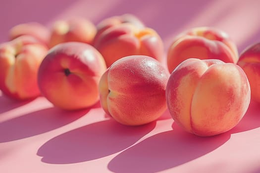 Ripe juicy peaches on a pink background. Horizontal background.