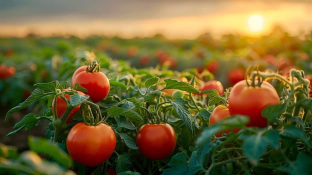 Fresh tomato in the field and plantation under the sun light morning..