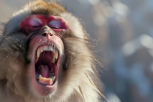 a macaque monkey with it's mouth open and it's mouth wide open .displaying sharp and prominent canine teeth..