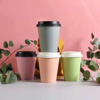 Colourful recycled coffee mugs for take away.