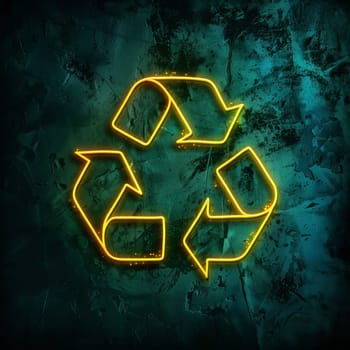 neon sign of recycling symbol on dark background.