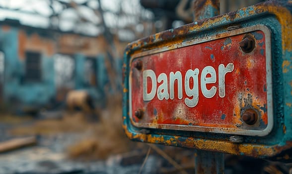 Weathered danger sign with decayed machinery behind.