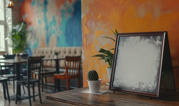 A blank frame beside a cactus on a wooden table.