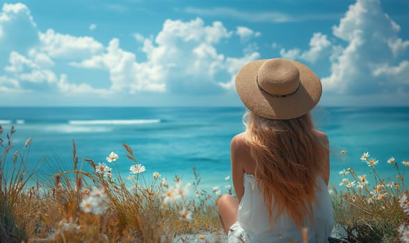 A woman sits on a hill, gazing at the ocean below.