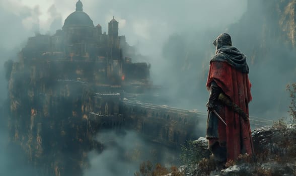 A man stands on top of a cliff overlooking a castle.