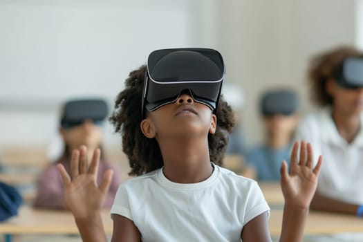 Modern technology, child explores the world using VR headset in a classroom at school, schoolchildren experience virtual reality sitting at a desk, integrating technology with education