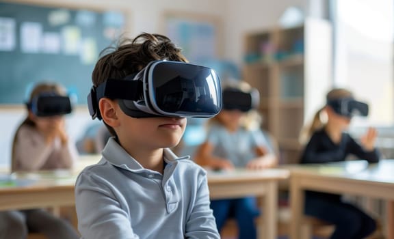 Modern technology, child explores the world using VR headset in a classroom at school, schoolchildren experience virtual reality sitting at a desk, integrating technology with education