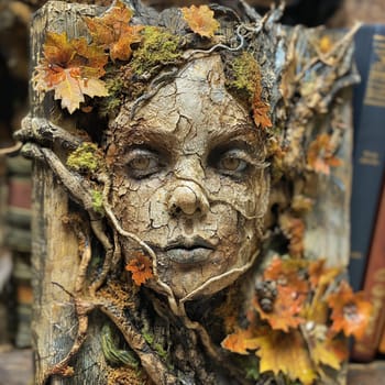 Magical tree-like face adorned with autumn leaves.