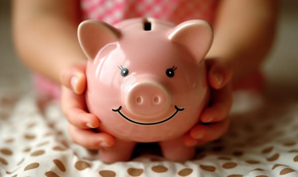 Young child holding a piggy bank in pink color.
