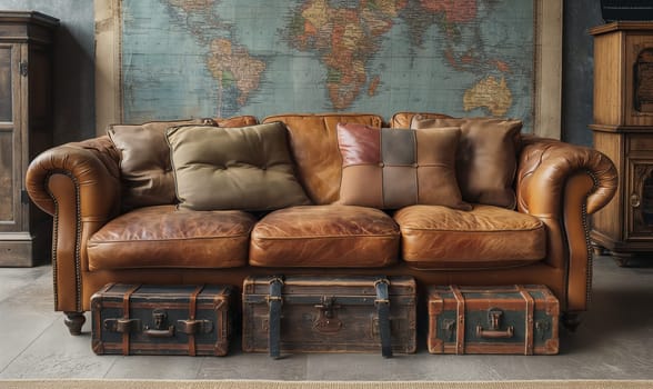 A brown leather couch placed in a modern living room setting.