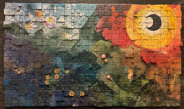 Puzzle with colorful flower painting pieces fitting together.