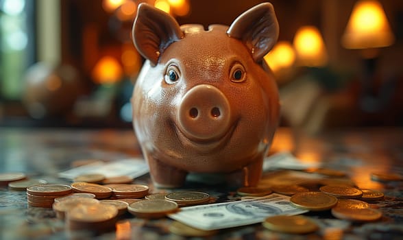 A piggy bank placed on top of a stack of money, symbolizing savings and wealth.