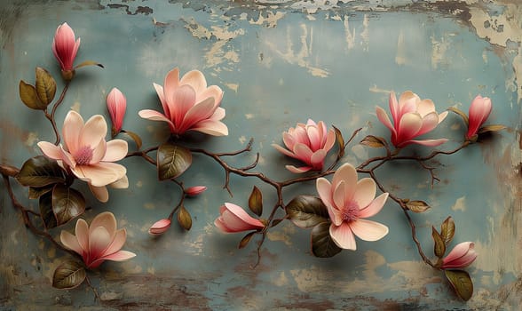 Blooming magnolias with rustic backdrop