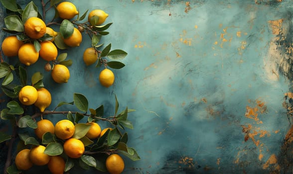 Vibrant lemons with green leaves on textured surface.