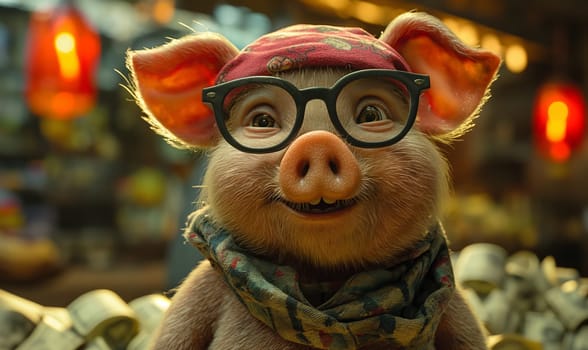 A pig sporting fashionable glasses and a scarf.