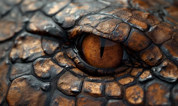 A detailed view of an alligators eye in extreme close-up.