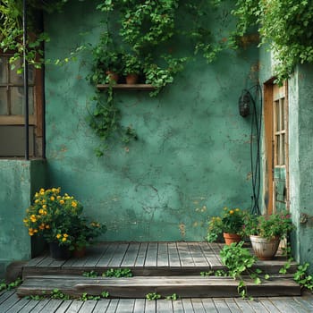 Serene patio with plants and rustic charm.