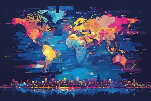 Bright world map with pixels over the metropolis. Dark blue background