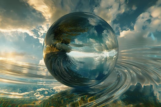 A transparent glass sphere with a reflection of the sky on the water surface. Environment concept.