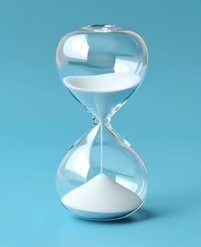 Hourglass showing time on a blue background. Selective focus.