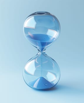 Hourglass showing time on a blue background. Selective focus.