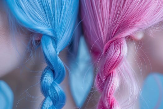 Pink and blue braids are braided on the girl's hair.